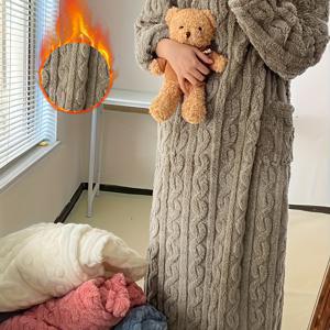 TEMU 1개 가을 겨울 코랄 롱 두꺼운 따뜻한 드레스, 다섯 가지 색상 제공, 플란넬 안감과 두꺼운 원단으로 편안하고 포근한 홈웨어 가운|가을원피스