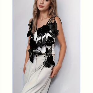 TEMU 스타일 코바늘 홈 아웃 조끼 | 민소매, 크루넥, 비대칭 밑단, 레귤러 핏, 우아한 디자인, 봄/여름/가을용