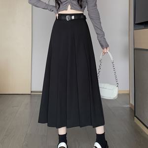 TEMU 여성을 위한 미국 대학 스타일 회색 하이웨이스트 A라인 스커트. 봄, 여름, 가을에 적합합니다. 주름 장식의 긴 스커트는 졸업식에 완벽하며 벨트와 주머니가 없습니다.