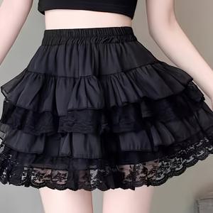 TEMU 고딕 다크 컬러 러플 숏 스커트 - 레이어드 헴 숏 쇼츠, 솔리드 컬러, 봄 여름 캐주얼 아웃핏, 파티, 캐주얼 복장 및 테마 이벤트용 핸드워시 가능 드레스