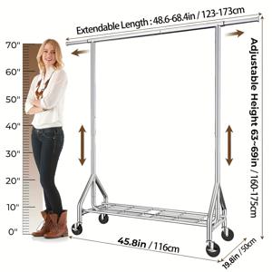 TEMU 1개 고하중 450lb 용량 바퀴 달린 조절식 옷걸이대, 금속 의류 행거, 침실, 옷장, 세탁실, 소매점에 적합 - 다기능 수납 정리대, 의류 수납대, 공간 절약형 조립식, 튼튼하고 내구성 좋음, 스타일리시한 의류 소매점 전용|행거
