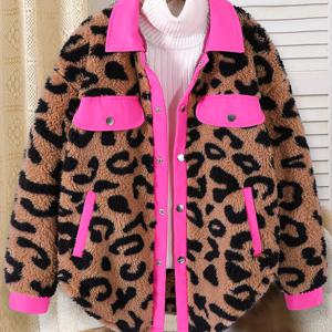 TEMU 여아용 스타일리시한 가을/겨울 코트. 대비되는 색상과 프린트가 특징이며, 긴 소매, 칼라, 버튼 디자인이 캐주얼 패션에 완벽하게 어울립니다.