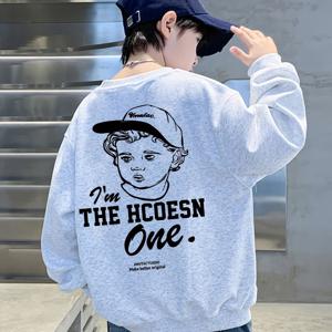 TEMU 2025년 신상 남아용 회색 & 흰색 스웨트셔츠, 스타일리시한 긴팔 라운드넥 아동 상의