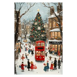 TEMU 2D 플랫, 2D 플랫, 2D 플랫 무금 크리스마스 트리 도시 풍경 그림 - 빨간색 이중층 버스, 축제 분위기의 상점, 즐거운 사람들로 구성된 눈이 내린 장면이 특징이며, 가족 모임, 파티, 할로윈, 부활절, 추수감사절 장식에 완벽합니다.