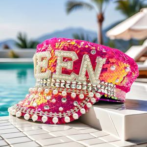 TEMU 여성 및 남성을 위한 블링 라인스톤 캡틴 모자 | 발렌타인데이용 조절 가능한 파티 캡, 반짝이는 스팽글, 카니발, 테마 파티, 레이브, 코스프레, 디스코, 졸업 파티, 공연 및 새해에 적합, HONGLUAN의 폴리에스터 재질