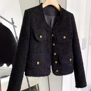 TEMU 한국식 블랙 트위드 크롭 자켓, 여성용 신상 고급 디자인 빈티지 우아한 페티트 가디건 탑