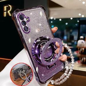 TEMU 삼성 갤럭시 A17 소프트 케이스 (사각형 보호, 충격 방지 디자인, 고급 글리터, 마그네틱 홀더 및 팔찌 포함, 전체 보호 기능)