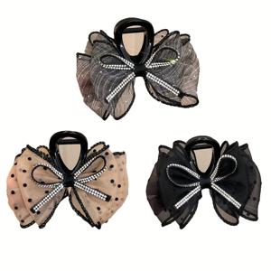 TEMU 3개 세트 우아하고 귀여운 메시 리본 헤어 클립 | 플라스틱 직사각형 상어 클립 세트, 컬러 매칭 리본 포함