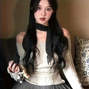 TEMU 블랙 앤 화이트 도트 리본 넥 액세서리, 한국식 리본, 사계절 착용 가능, 리본 넥타이, 넥 스카프