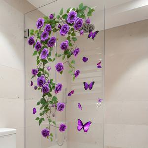 TEMU 보라색 장미 나비 욕실 유리 스티커, 고품질 접착식 샤워 데칼, 창의적인 꽃무늬 벽 스티커 욕실 장식용