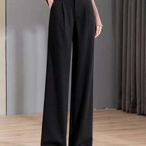 TEMU 2025년 가을/겨울 신상 여성용 하이웨이스트 와이드 레그 트라우저. 와이드 웨이스트밴드와 더블 버클이 특징인 슈트 스타일. 캐주얼 루즈 슬림핏 디자인.|냉장고바지