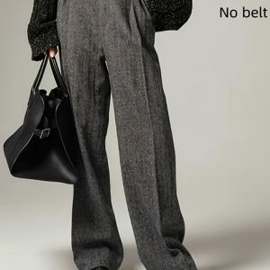 TEMU 여성용 캐주얼 가을/겨울 출근용 신상 두꺼운 헤링본 팬츠, 클래식 헤링본 패턴 다용도 플로럴 디자인, 허리 주름 장식 + 신축성 허리밴드, 심플하고 우아한 패션, 사계절 필수 아이템 (벨트 미포함)