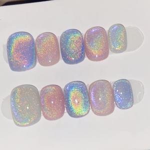 TEMU 10개입 핸드메이드 프레스온 네일 글리터 캣아이 매니큐어, 신상 라이트 럭셔리 고급 네일 스티커, 여성 데일리 아웃팅 및 파티 드레싱에 적합, 젤리 글루 2개와 와이프 스트립 1개 무료 네일 액세서리 포함|네일팁