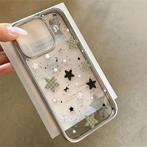 TEMU 체크무늬 별 패턴 아이폰 17/17 Air/16/15/14/13/12/11 Pro Max/XR/XS/XS Max 시리즈용 폰 케이스, 크리스마스 새해 선물, 친구, 친척, 파트너, 생일 선물, 비즈니스 선물 - 전기도금 클리어 케이스 - 매트 실버리 - 체크무늬 별 486TC