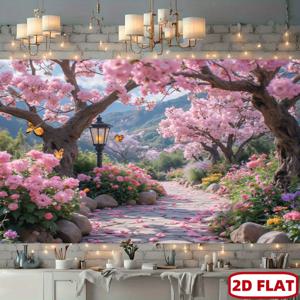 TEMU 2D 플랫, 2D 플랫 - 2D 플랫, 2D 플랫 - 1개, 활기찬 일본 정원 장면과 꽃피는 벚꽃 나무, 돌, 등불이 있는 대형 2D 플랫 배너가 특징입니다. 재사용 가능한 폴리에스터 배경막은 결혼식, 생일 사진 촬영에 완벽합니다.