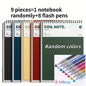 TEMU 9피스 세트, 스파이럴 노트북 1개 + 글리터 볼펜 8개 포함. 빈티지 A5 노트북 및 다이어리 - 양면 페이지, 80gsm 두꺼운 종이, 수채화 디자인 하드 커버. 대학생 및 전문가, 비즈니스 미팅 다이어리에 완벽 | 빈티지 스타일 노트북