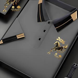 TEMU 말년; 사방에서 부를 상징하는 황금 말; 프린트. 남성용 빠른 건조 반팔 셔츠, 가벼운 셔츠 세탁기 사용 가능, 사계절 착용, 비즈니스/캐주얼/골프웨어 (크리스마스/새해/선물), Ide|골프웨어