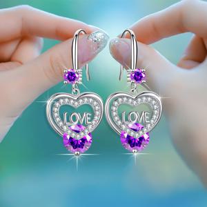 TEMU 사랑의 하트 드롭 댕글 후크 귀걸이 1쌍, 화이트 아쿠아 레드 핑크 퍼플 스톤 사랑의 편지 귀걸이, 하트 모양 주얼리
