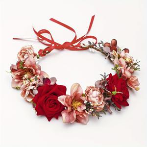 TEMU 1개 여성 스타일 핸드메이드 패브릭 인조 장미 꽃 왕관 머리띠 장식 헤어 액세서리, 여행 사진 및 휴가용, 조절 가능한 사이즈 (끈 포함)