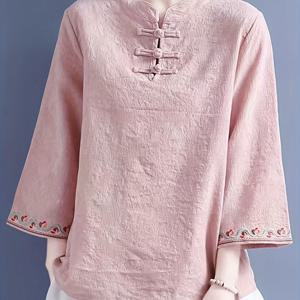 TEMU 새로운 중국 스타일 자수 여성 셔츠, 통기성 혼방 반팔 탑, 편안한 중국 민족 스타일 미드 슬리브 여성 셔츠, 탕 슈트 여성 셔츠, 휴가 착용에 적합|린넨|여름블라우스