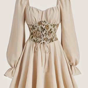 TEMU 우아한 스위트하트 네크라인 A라인 드레스, 앞면 타이 클로저 - 긴 소매 미디 길이 단색 드레스, 가을/겨울 결혼식, 파티 및 특별한 날에 적합 - 세탁기 사용 가능 - 스위트하트 웨딩 드레스 & A라인 포멀 가운