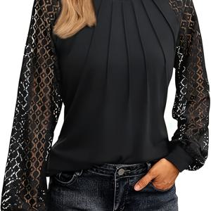 TEMU 여성 패션을 위한 지향적인 개발, 우아하고 캐주얼한 단색 레이스 긴팔 라운드넥 티셔츠, 여성용 롱 탑