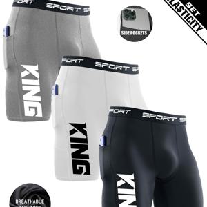 TEMU 3pcs 남성 고 탄성 압축 운동 반바지, King 문자 디자인 - 통기성, 빠른 건조 운동 반바지, 달리기, 농구 훈련 및 피트니스, 블랙, 화이트, 그레이, 운동 반바지, 스포츠 속옷, 세련된 스포츠 의류, 고 탄성 소재