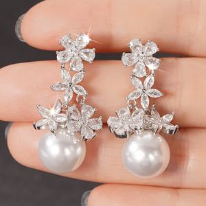 TEMU 여성을 위한 우아한 드롭 이어링 한 쌍, 합성 지르코니아 꽃 장식, 신부, 로맨틱 웨딩, 일상 캐주얼 웨어에 완벽하며 발렌타인데이를 위한 사랑스러운 선물|탄생석