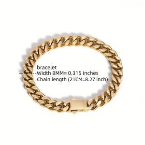 TEMU 8mm 와이드 스테인리스 스틸 네 면 핸드 폴리시 광택 쿠바 목걸이 & 팔찌, 진공 도금 18K 골드 플레이트 힙합 액세서리 선물 (남녀 공용)