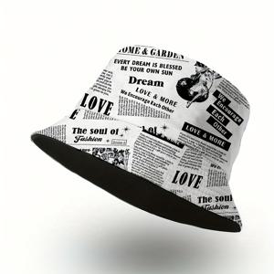 TEMU 양면 신문 프린트 버킷 모자 - 남녀 공용 펑키 폴리에스터 자외선 차단 캡, 빈티지 타이포그래피의 독특한 커플 디자인, 선 모자|벙거지모자