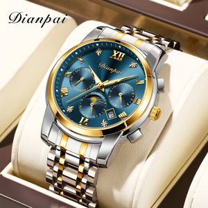 TEMU 디안파이 남성용 비즈니스 자동 와인딩 시계, 스테인리스 스틸 패션 문페이즈 디스플레이 및 루미너스 캘린더, 남성 선물용 손목시계