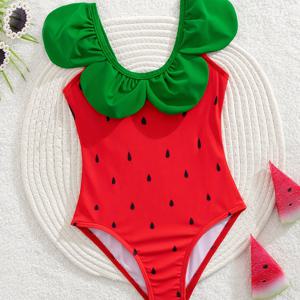 TEMU 귀여운 딸기 패턴 넥라인과 러플 디테일 퀵-하이 패션 여아 원피스 수영복|레쉬가드|래시가드