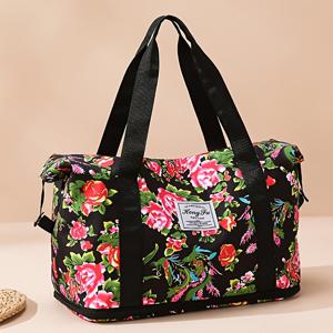 TEMU 새로운 플로럴 프린트 옥스포드 천 여행 가방, 대용량 에스닉 스타일 디자인, 스타일 숄더백, 피트니스 수납 가방 - 확장형 바닥, 여행 가방과 함께 사용 가능, 헬스장, 여행, 캠핑, 출장 및 여행 가방에 적합
