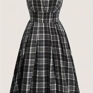 TEMU 플러스 사이즈 - 플러스 사이즈 - 크로스보더 유럽 및 미국 여성용 우아하고 패셔너블한 체크 무늬 오프숄더 스파게티 스트랩 드레스