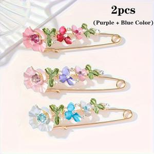 TEMU 스타일 라인스톤 안전핀 2개 - 멀티컬러 꽃 브로치핀, 미끄럼 방지 바늘 칼라 버튼, 스카프, 재킷, 셔츠에 적합 - 파티, 데일리웨어, 연중 선물용 패션 액세서리
