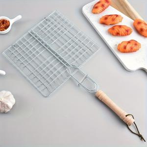 TEMU 휴대용 바베큐 바구니 (나무 손잡이 포함), 고기, 스테이크, 새우, 채소 구이용, 피크닉 및 캠핑에 적합 - 메탈 쿠킹 바구니