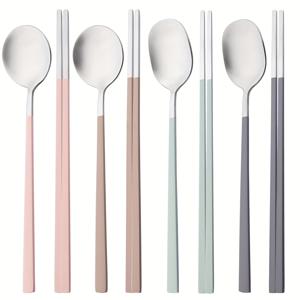 TEMU 8피스 스테인리스 스틸 커틀러리 세트, 매트 스시 평면 젓가락과 숟가락, 가정, 주방, 레스토랑, 파티, 야외 여행용