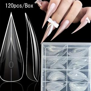 TEMU 120개 독수리 발톱 모양 투명 프레스온 네일 세트, 광택 있는 연장 풀커버 인조네일 팁, 여성용 캐주얼 복장을 위한 쉬운 적용 손톱, 네일 테크 용품
