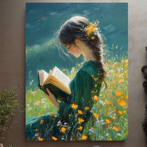 TEMU 1pc Whimsical Girl Reading in Meadow 캔버스 아트, 12x16inch, 나무 프레임, 책을 좋아하는 사람들을 위한 자연감각적인 홈 데코, 후크 마운트 스타일, 책 장식