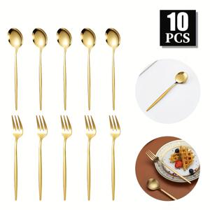 TEMU 10개 스테인리스 티스푼 & 디저트 포크 세트, 미니 커피 스푼 케이크 과일 포크 - , 애프테이저용, 식기세척기 안전, 홈/주방/카페/웨딩/생일파티에 적합, 거울광택 마감, 이상적인 주방 선택