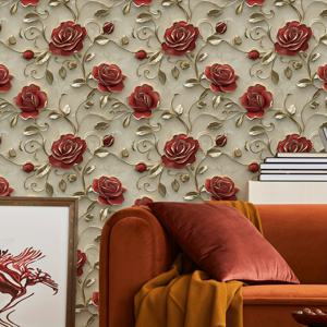 TEMU 골드 리프 디자인의 빈티지 레드 로즈 플로랄 벽지 롤 1개 - 방수, 얼룩 방지, 쉬운 청소 자체 접착식 콘택트 페이퍼 홈 데코용, 주방 캐비닛 및 룸 메이크오버, 주방 벽지