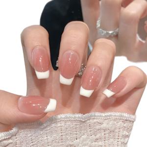 TEMU 10개입 짧은 사다리꼴 핸드메이드 핑크 그라데이션 블러쉬 네일 (화이트 엣지), 데일리 데이트에 완벽, 부드럽고 귀여움, 쉬운 탈부착 인조 네일, 네일 아트 매니아에게 적합, 여성 및 선물용으로 좋습니다.