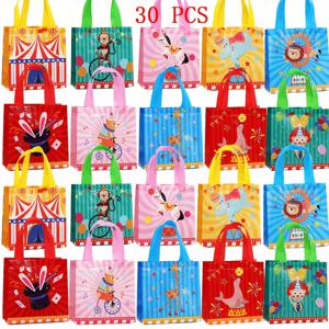 TEMU 손잡이가 있는 30개 비직물 서커스 파티 선물 가방 - 생동감 넘치는 만화 동물 & 공연자 디자인, 내구성 좋은 재사용 가능한 토트백, 카니발, 생일, 졸업식 장식 및 테마 이벤트용, 카니발 테마 파티 장식, 축하 선물 가방, 튼튼한 핸들 백, 크리스마스, 할로윈