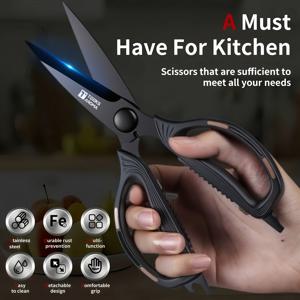 TEMU 헤비듀티 다목적 가위, 날카로운 칼날, 미끄럼 방지 그립 식품 준비 가위, 가정용 고기 절단 가위, 주방, 사무실, 재봉, 정원용, 여성용 가위, 초경량 기능성 가정용 가위, 블랙, 식기세척기 사용 가능