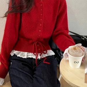 TEMU 패셔너블 여성용 레이스 패치워크 반팔 가디건, 레드 스웨터, 타이 웨이스트 디자인, 루즈핏|반팔니트