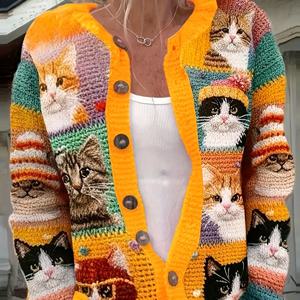 TEMU 여성용 3D 플로럴 프린트 가디건 - 패션 버튼 프론트 스웨터 고양이 패턴, 라운드넥 & 버튼 디테일, 세탁기 사용 가능/드라이클리닝 금지, 사계절 레이어링 아이템, 가디건 스웨터, 캐주얼 웨어, 생기 넘치는 패션, 버튼