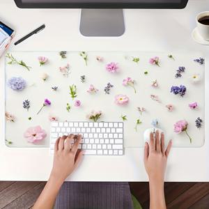 TEMU 특대형 35x16인치 파스텔 플로럴 게이밍 데스크 매트 | 미끄럼 방지 고무 베이스, 스티치 처리된 가장자리, 내구성 좋은 폴리에스터 컴퓨터 키보드 & 마우스 패드 (여성용), 이상적인 사무실 & 게이밍 액세서리|컴퓨터책상