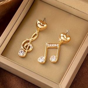 TEMU 금색 비대칭 음표 드롭 귀걸이, 라인스톤 장식 - 발렌타인데이를 위한 트렌디한 선물, 음악 축제, 여행 및 일상복에 완벽