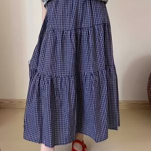 TEMU 여성용 신상 봄/여름 패션 블루 체크 미디 스커트, 가벼운 하이웨이스트 A라인 우산 스커트, 부드럽고 편안함.