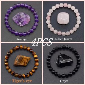 TEMU 4개 세트 8mm 천연석 팔찌, 로즈 쿼츠, 타이거스 아이, 옵시디언, 영적 성장과 패션 감각 향상, 일상 착용 및 선물용, 데일리 액세서리